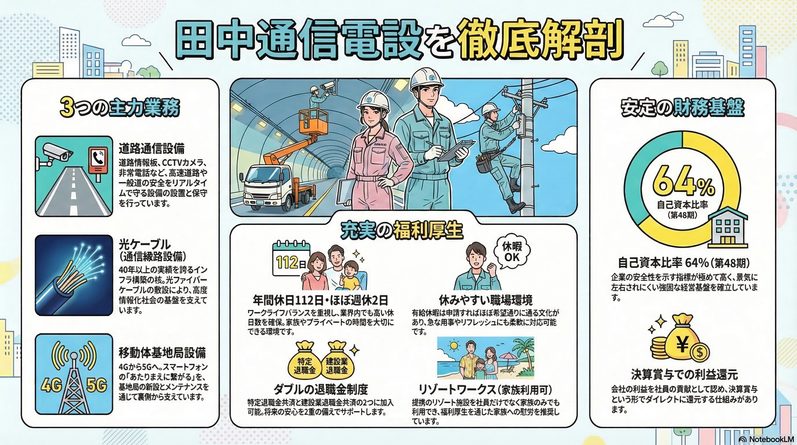 田中通信電設の構造解剖図 財務基盤・3事業・福利厚生